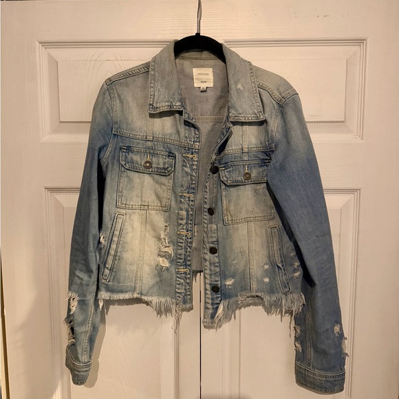 HIDDEN JEANS Frayed hem denim Blue Women's Jacket - Picture 5 of 10